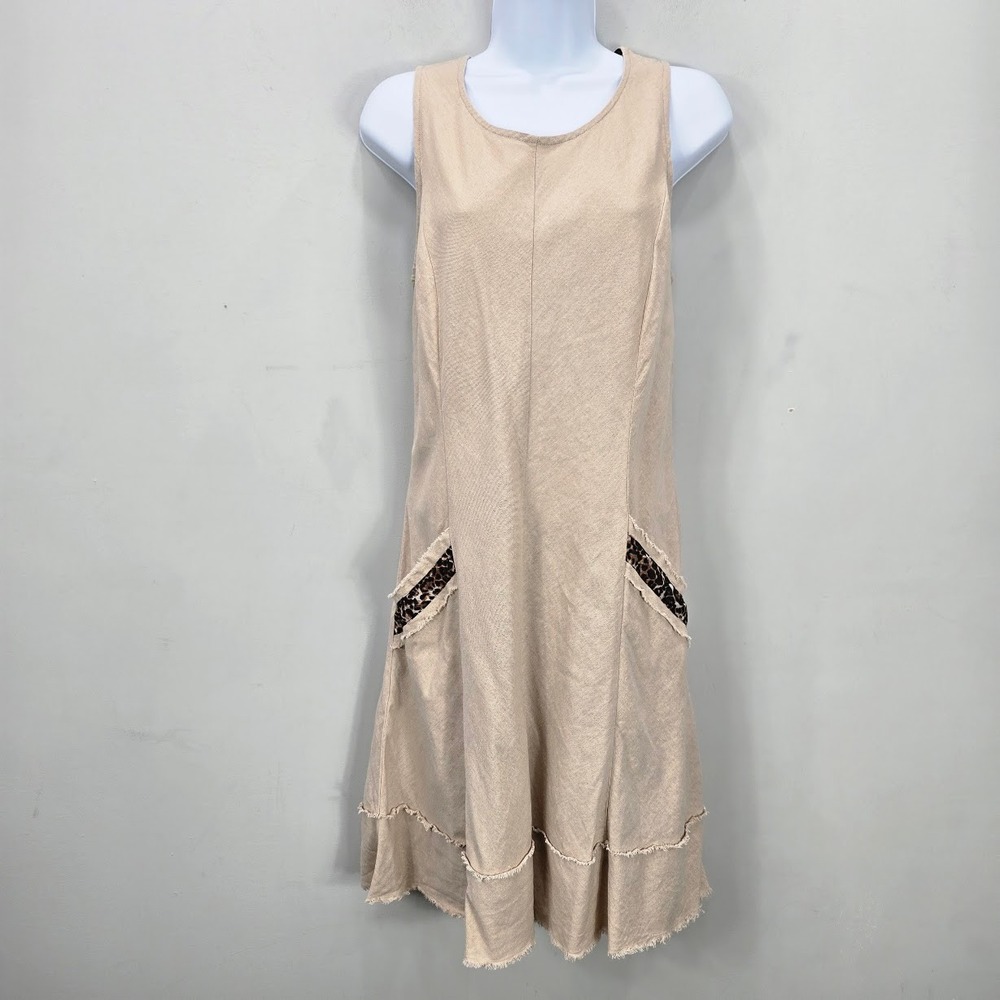 Roz & Ali Mini Dress 10 Beige Cheetah Trim Linen Blend Coastal Resort Vacation